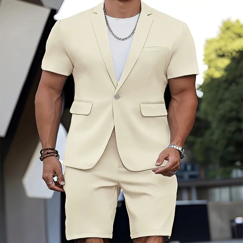 Two-piece Set Suit Men's Summer Casual Suit Short Sleeve Blazer Jacket 5 Inch Shorts Dress Beach Wedding Smart Casual Occasions