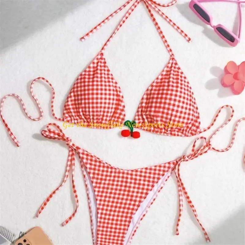 

E56D Korean Bathing Suit for Women Striped Print Swimwear Summer Two Pieces Split Swimsuit Sexy Backless Swimwear
