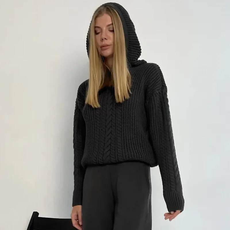 

Knitted Solid Hooded Sweaters Long Sleeve Oversize Sexy Sweater Top Autumn Winter Women Streetwear Goth Clothes Y2K Wholesale