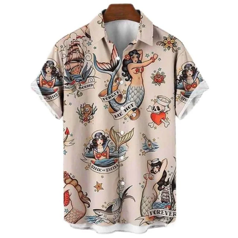 2023 Summer Oversized Hawaiian High Quality Shirt Mens Designer Clothes Sailor Streetwear Mermaid Beach Outdoors Short Sleeve