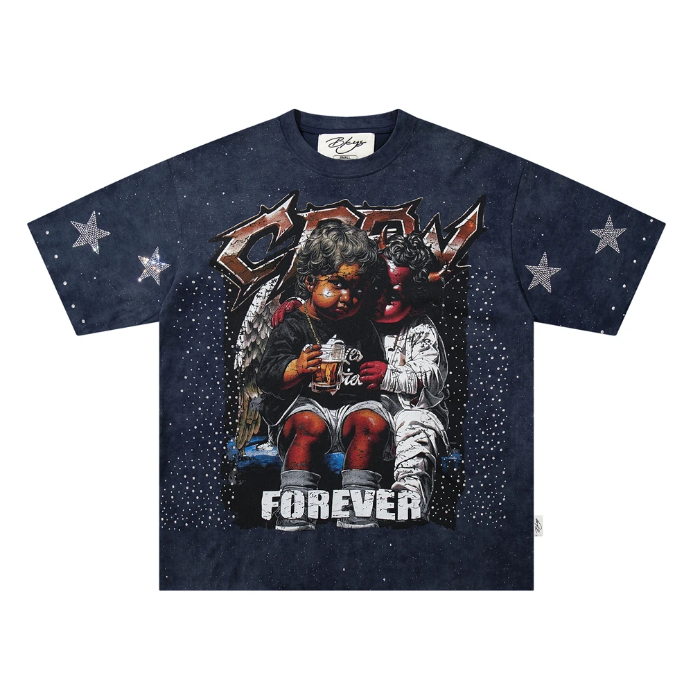 Washed BKYS Los Angeles Starry Sky Hot Diamond T Shirt Men Women High Quality Tee Tops T-Shirt