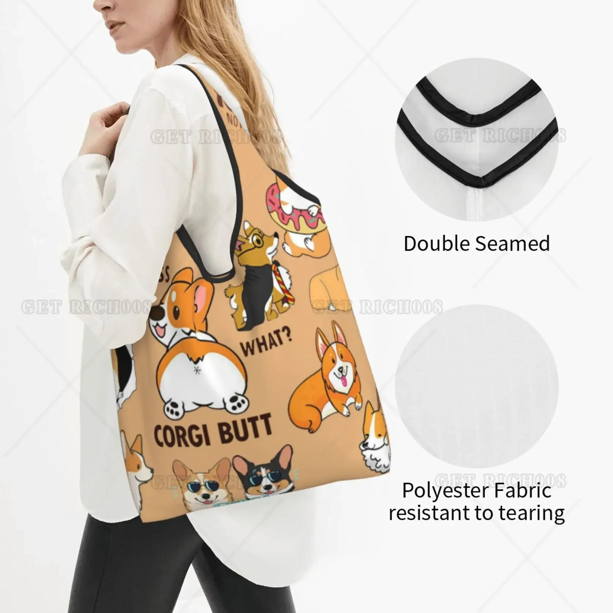 Kawaii Animal Corgi Butt Folding Tote Bag Shopper Bag Portable Eco Grocery Bags No Zipper Bag for Women Men Work Picnic Bag