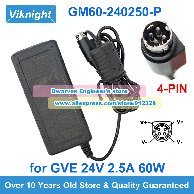 Genuine GVE GM60-240250-P GM60-240200-F GM601-240250 Ac Adapter 24V 2.5A 60W Power Supply Round With 3/4 Pins Charger