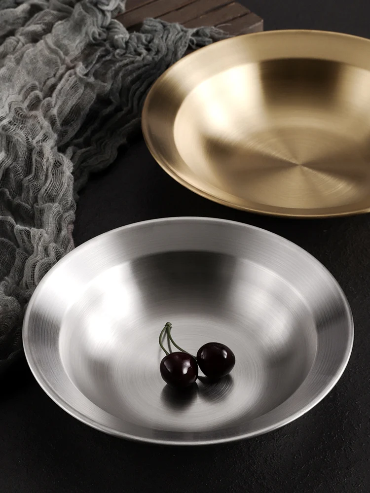 Metal dining plate Korean style stainless steel hat shaped dish plate Household wide edge salad plate Thickened pasta plate