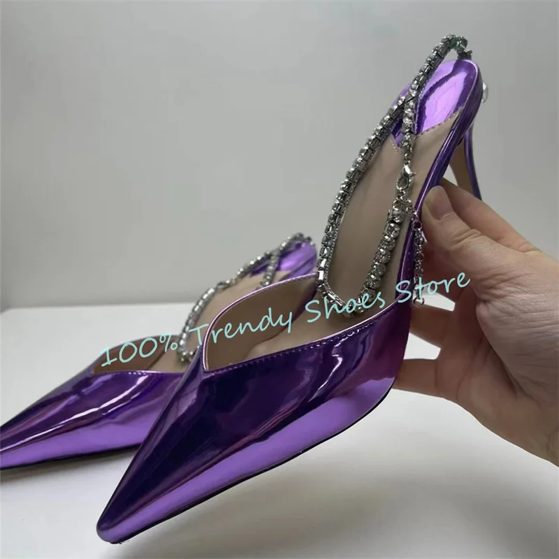 

Fashion Crystal Chain Ankle Buckle Strap Women Sandals Pointed Toe High Heel Slingback Pumps Ladies Wedding Party Dress Shoes