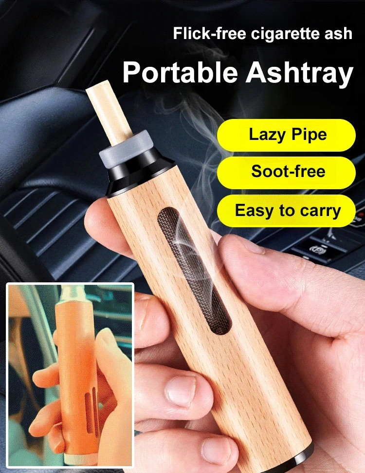 Wood Ashtray Pocket Cigar Ash Tray Soot Cover Portable Ashtray for Car Smoking Accessories with Velvet Bag and Cleaning Brush