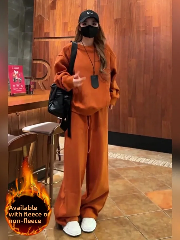 

Women's Fleece Lined Thickened Casual Sportswear Set High Waist Wide Leg Pants Hoodie Two Piece Set American Style Trendy Str...