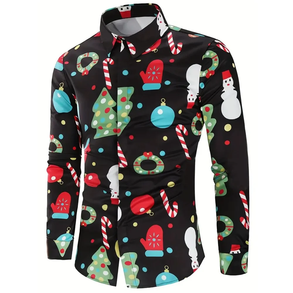 Cartoon Santa 3D Christmas Print Men's Long Sleeve Shirt Fashion Men's Shirt Casual Plus Size Snowman Holiday Party Shirt Top