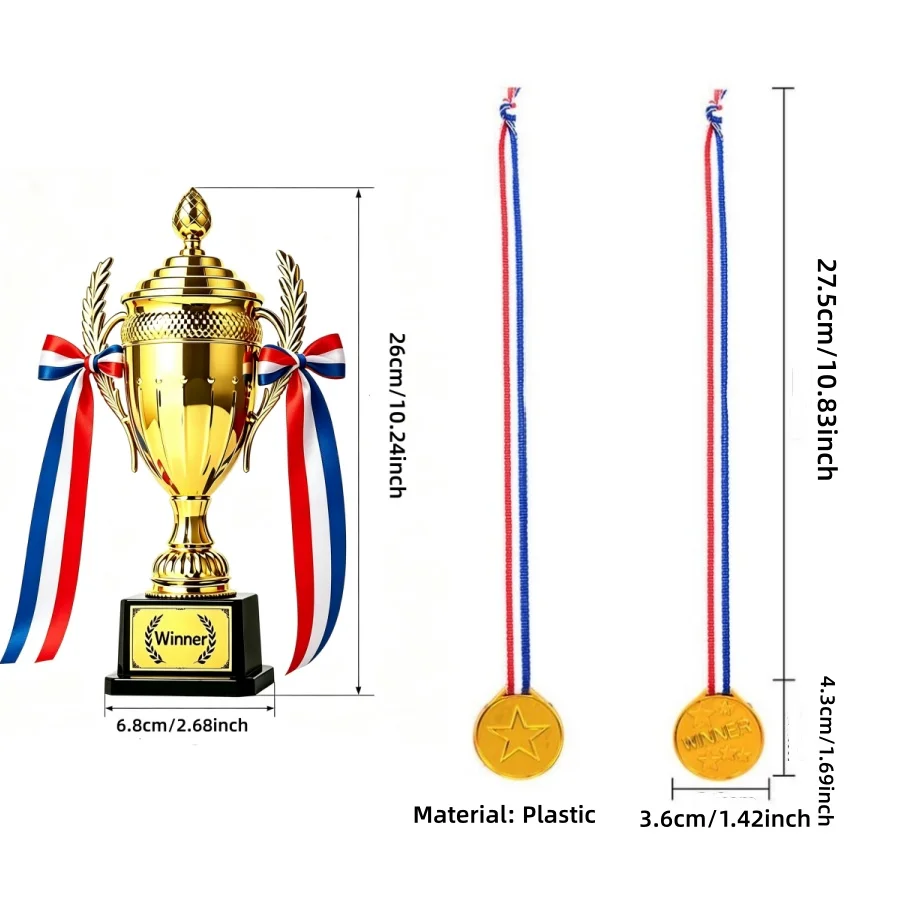 26cm Gold Winner Plastic Trophy & Medal Set,Kids Championship Award Trophy with Red‑White‑Blue Ribbons for Sports Party Gifts