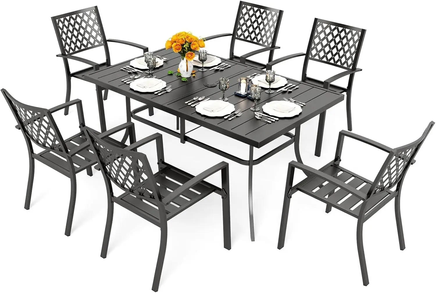 

Patio Dining Set 7 Pcs 1 Metal Dining Table and 6 Patio Stackable Chairs for Outdoor Backyard Bistro Furniture Set