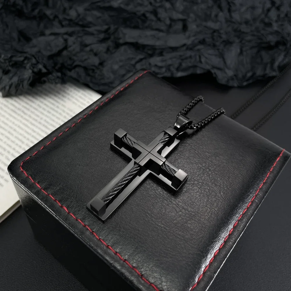 JHSL Male Men Big Cross Pendants Christian Necklace Fashion Jewelry Chain Black Silver Gold Color Stainless Steel New 2024