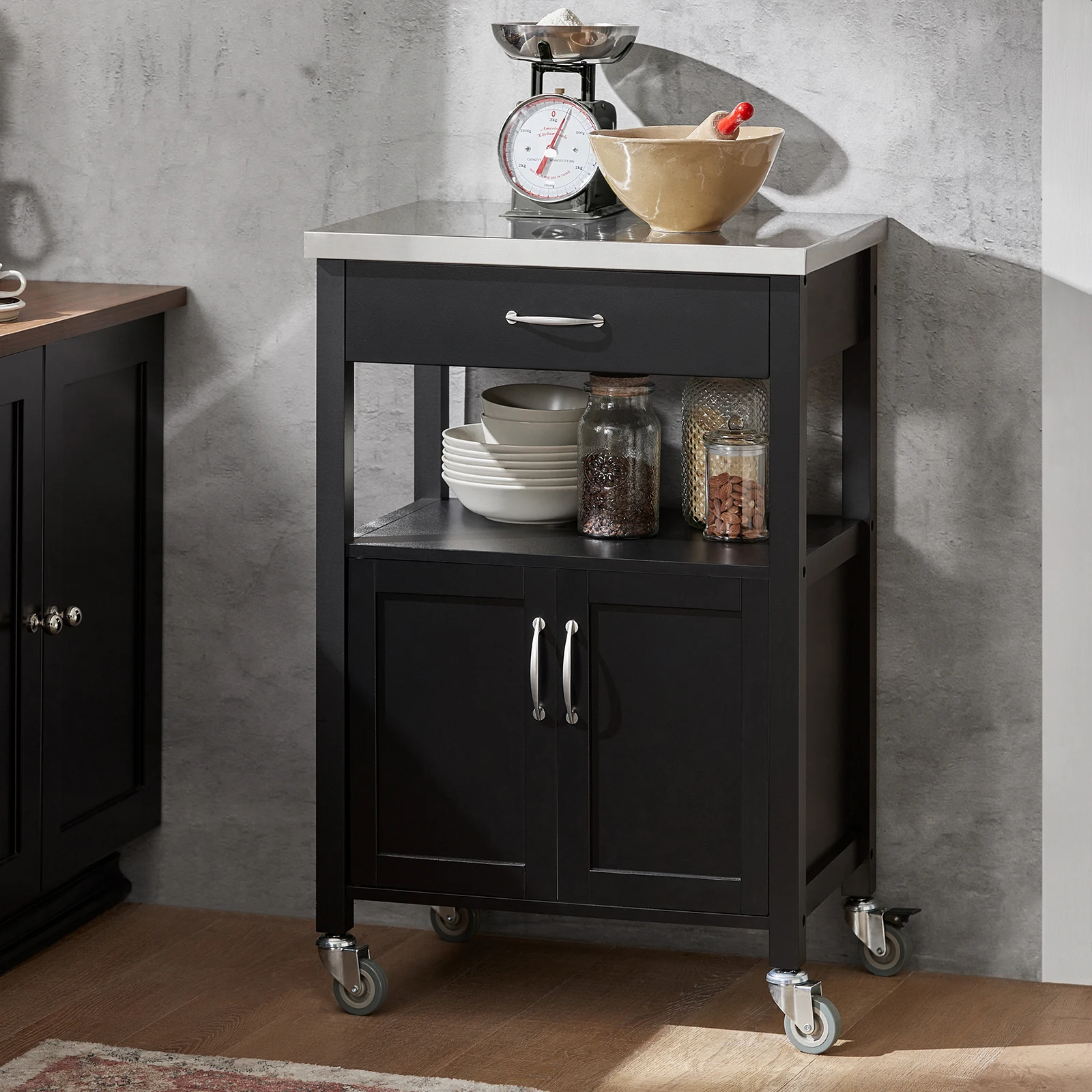 SoBuy FKW22 carrito de cocina de goma, carrito de servicio de madera, carrito de bebidas estrecho para oficina, cocina, sala de estar y comedor
