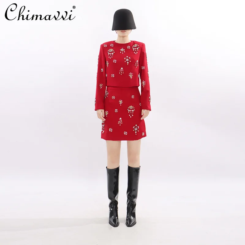 

Элегантный пуловер во французском стиле для тяжелой промышленности, рубашка с длинными рукавами и высокой талией, облегающая юбка, комплект из двух предметов для женщин