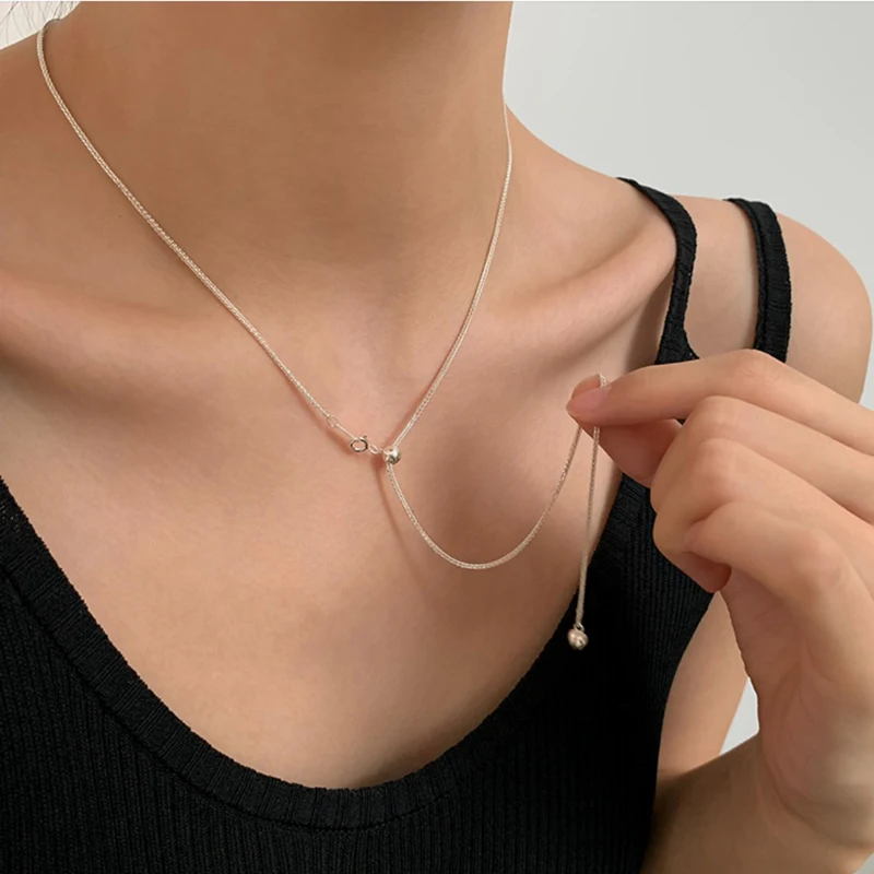 S925 Sterling Silver Adjustable Pull Type Snake Chain Choker Necklace Simple Heart-Shaped Pendant Women\'s Gift Boutique Jewelry