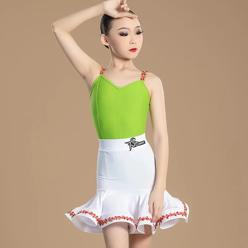 Children Modern Latin Dance Flower Camisole Jumpsuit and Skirt Girls Kids Professional Competition Waltz Social Dancewear