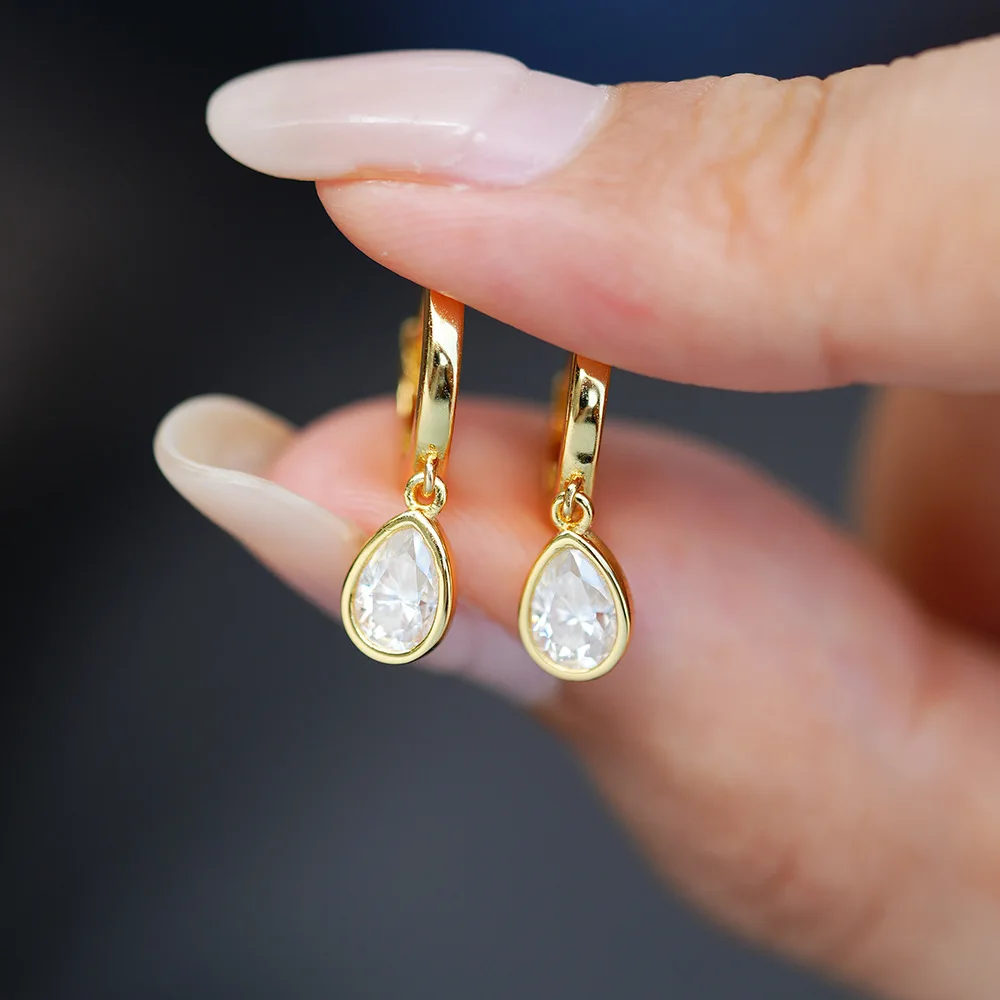 14K Gold Plated 925 Sterling Silver Teardrop Moissanite Drop Hoop Earrings | Elegant Sparkling Dangle Jewelry for Women & Gifts - view 4