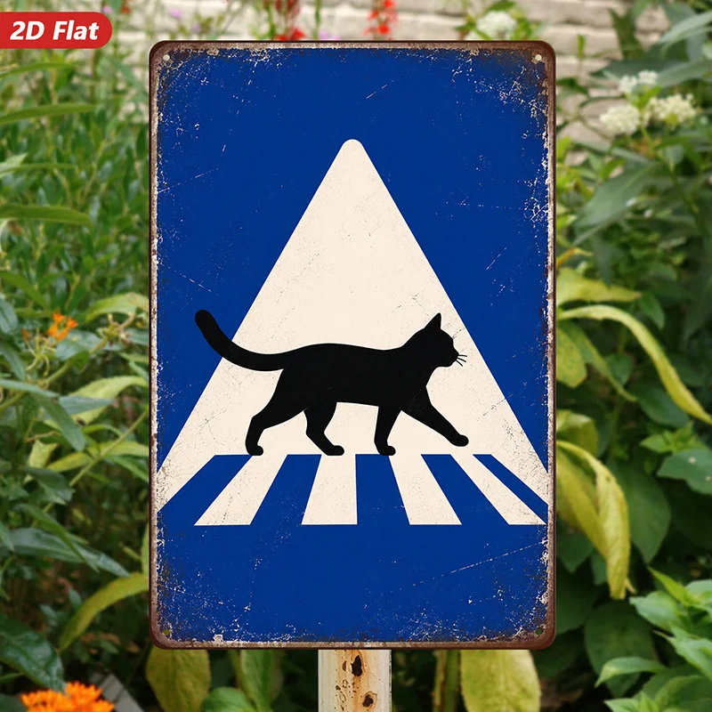 2D Flat Metal Wall Decor, 1 Piece, Cat Crosswalk Art Decoration, Geometric Style, Vintage Design, Suitable for Living Room Home Decor, Safe Rounded Corners, Easy to Hang, 4 Mounting Holes, Windproof and Durable, 2D Flat Halloween Christmas Decoration