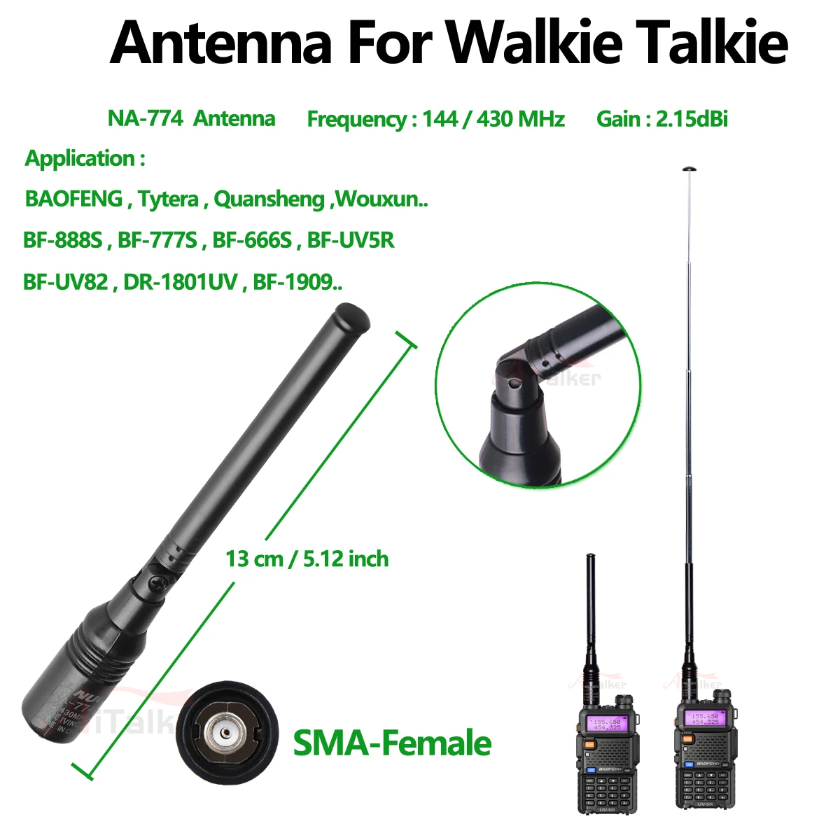 Quansheng UV-K5 Walkie Talkie Telescope Antenna NA-774 SMA-F UHF VHF 144Mhz 430Mhz Two Way Raido Talki Walki For BAOFENG UV-5R