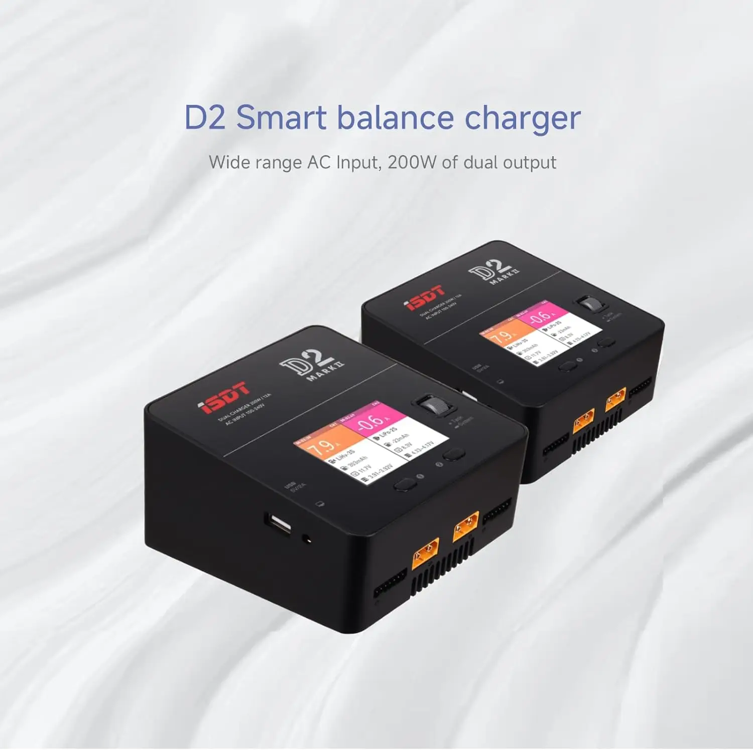 ISDT D2 Mark 2 LiPo Battery Balance Charger Duo Discharger Dual 200W 12A2 AC Dual Channel Output 1-6S Li-ion Life NiCd NiMH LiHV