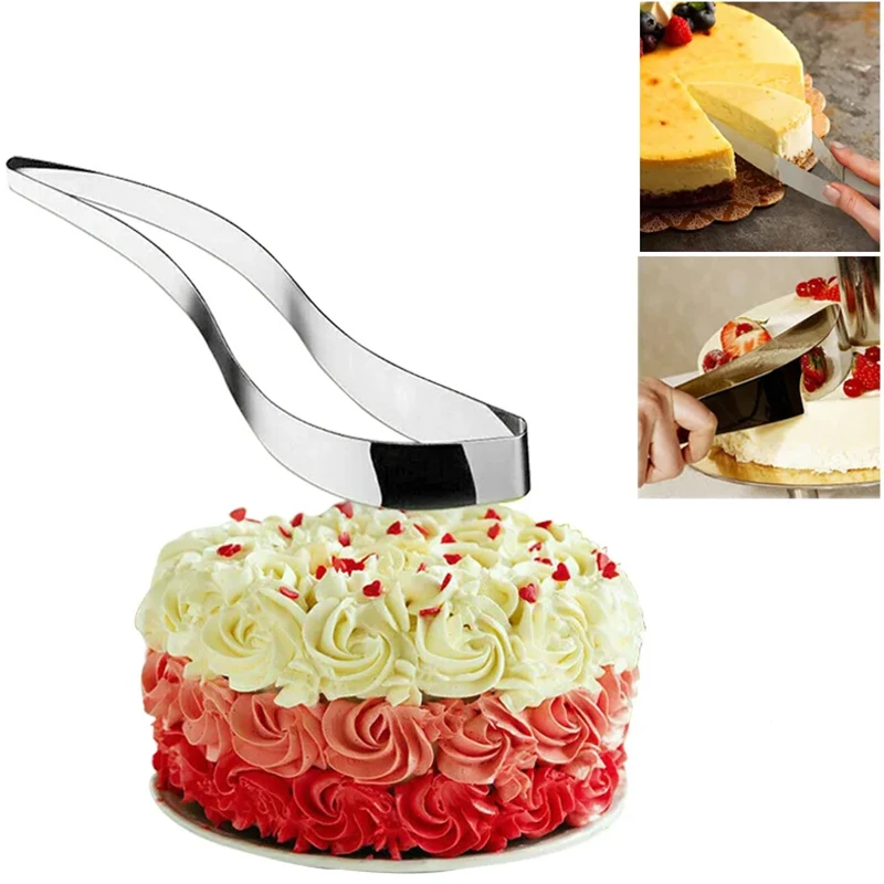 Cortador de pasteles con abrazadera, rebanador de acero inoxidable, hoja curva, Clip de corte de pastel, herramienta niveladora de molde, divisor de horneado ajustable, postre