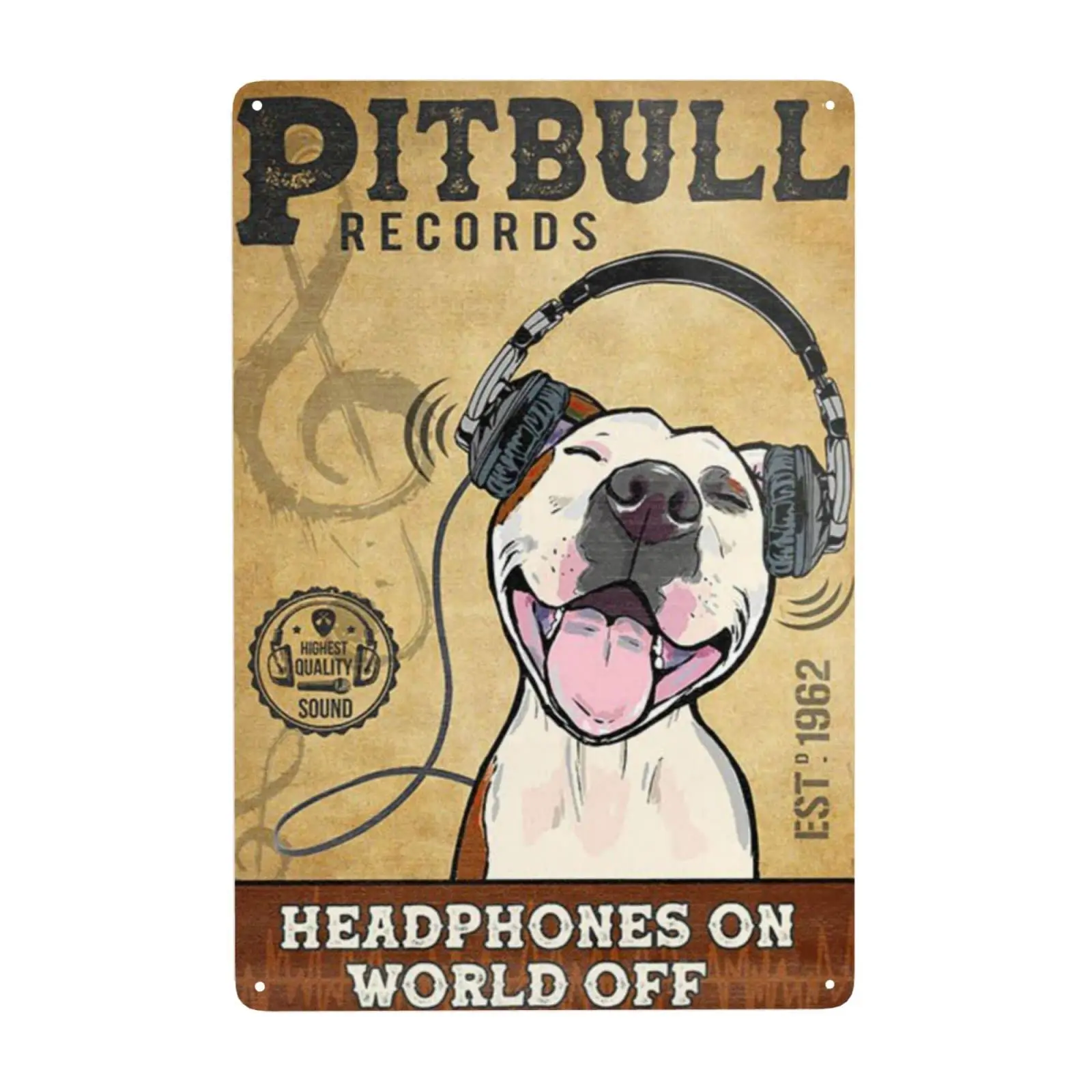 Funny Tin Signs Pitbull Headphones On World Off Retro Decor Home Kitchen Bar Cafe Bathroom Club Cave Wall Decor Dog Tin Sign 12x