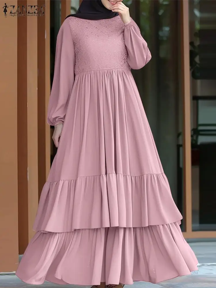 ZANZEA-Vestido largo informal musulmán para mujer, Abaya escalonada de manga larga con volantes, retales de encaje, Hijab islámico, batas elegantes 2024