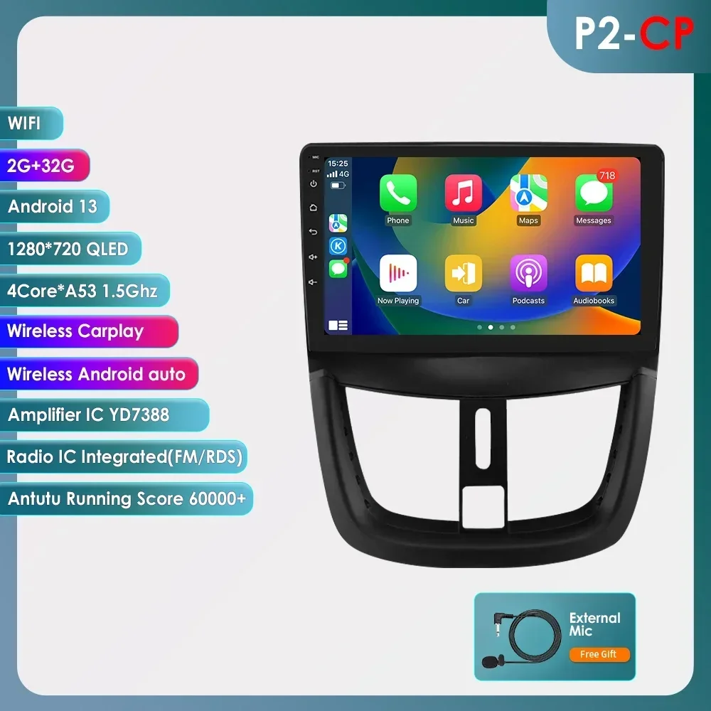 360Camera Carplay Android 13 Auto Radio Voor Peugeot 207 207cc 2006-2015 Auto Multimedia Speler Navi Gps 2din Autoradio Dsp Geen Dvd