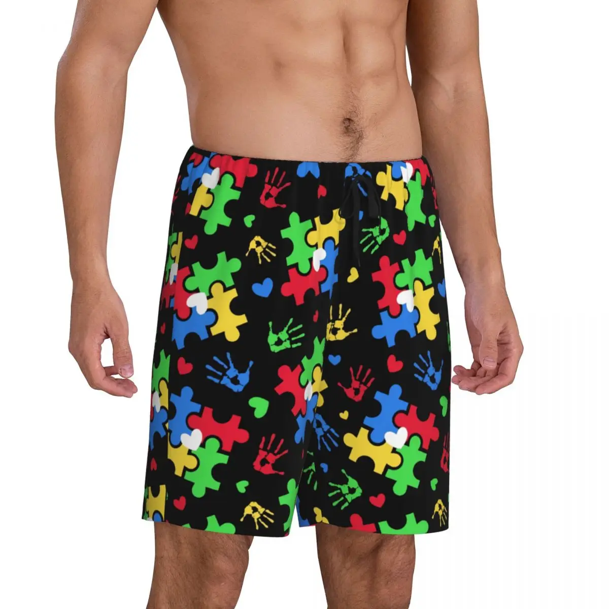 Custom Colorful Puzzle Autism Awareness Pajama Bottoms Men's Lounge Sleep Shorts Drawstring Sleepwear Pjs with Pockets