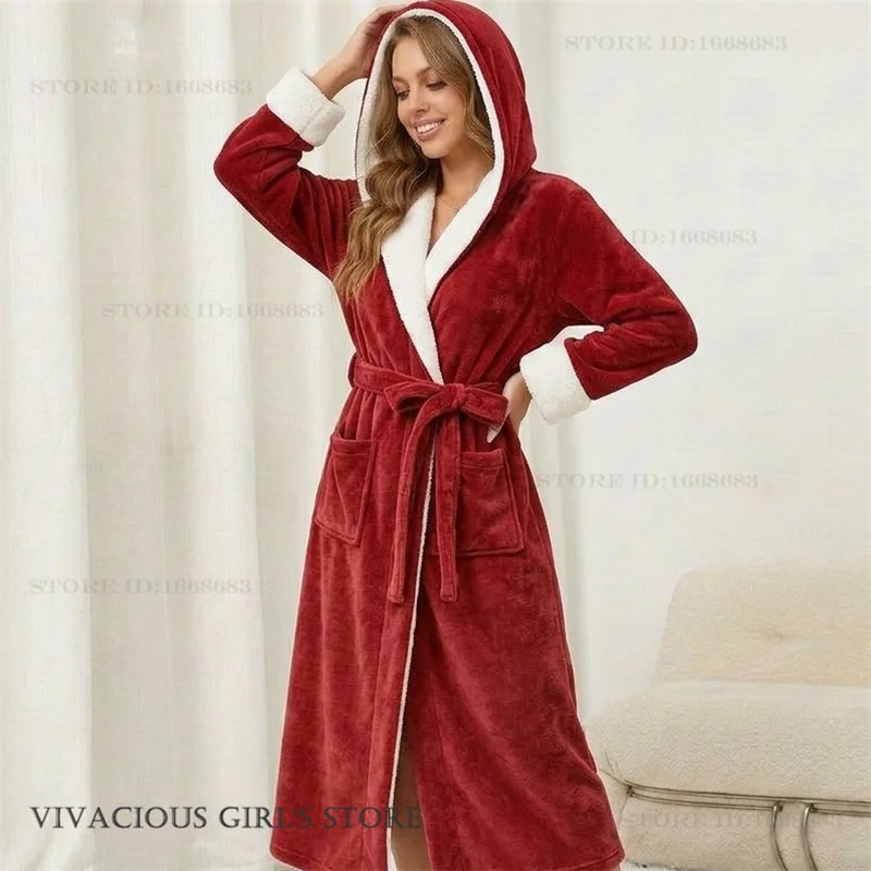 Dicker Flanell-Bademantel mit Kapuze für Damen, Schlafbekleidung für Herbst und Winter, Neuer Langer Kimono-Mantel, Warme Korallenfleece-Loungewear