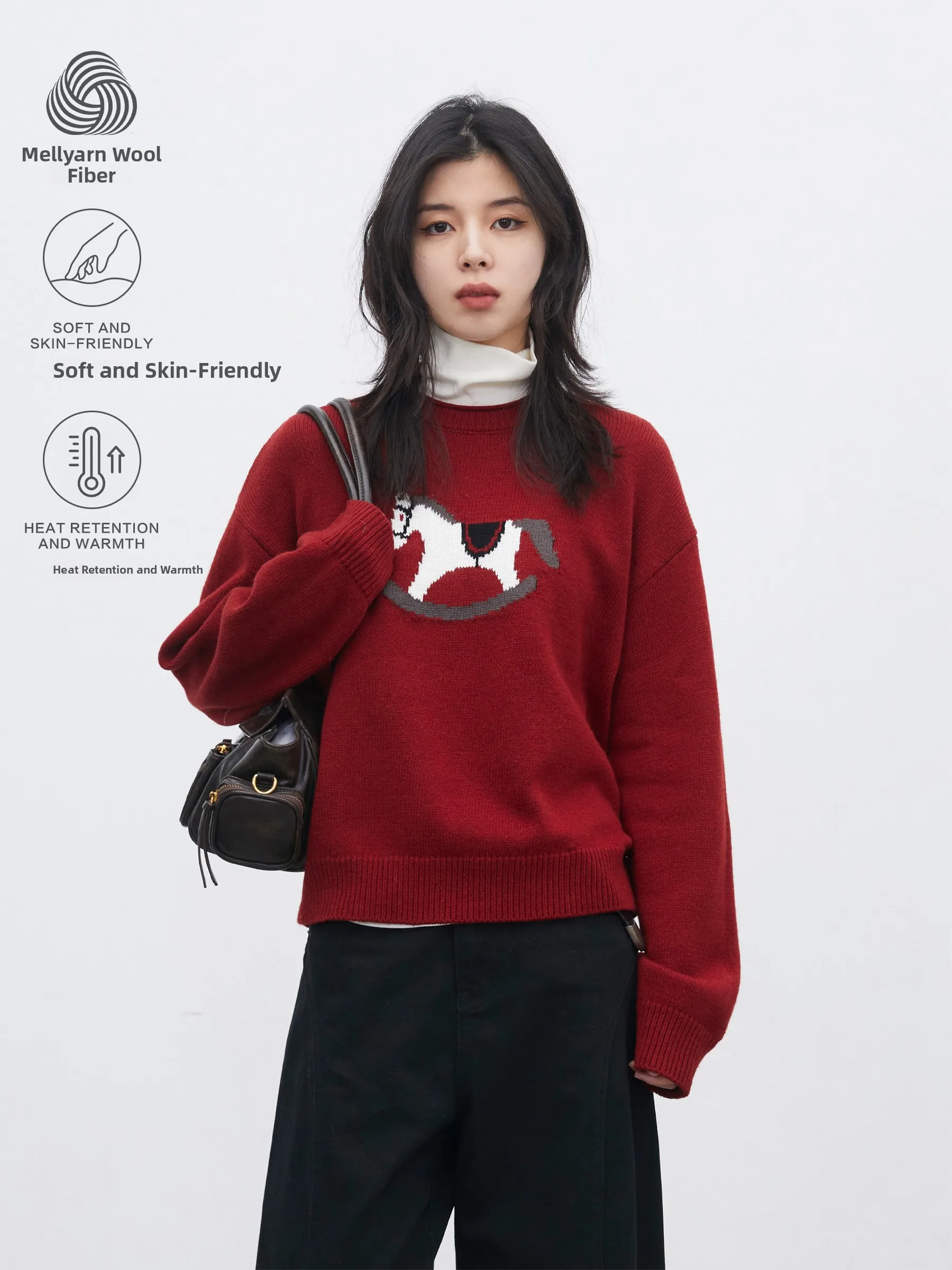 

CHICVEN Новогодний свитер Aosphere с вышивкой, вязаный, красный, шерстяной, женский, модный, свободного кроя, с круглым вырезом