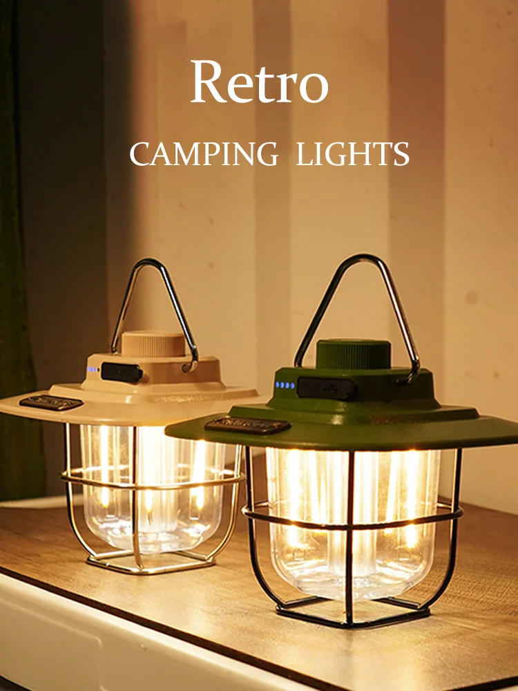 LED Camping Lamp Retro Hanging Tent Lamp Waterproof Dimmable Camping Lights USB Recharge Emergency Light Lantern for Outdoor