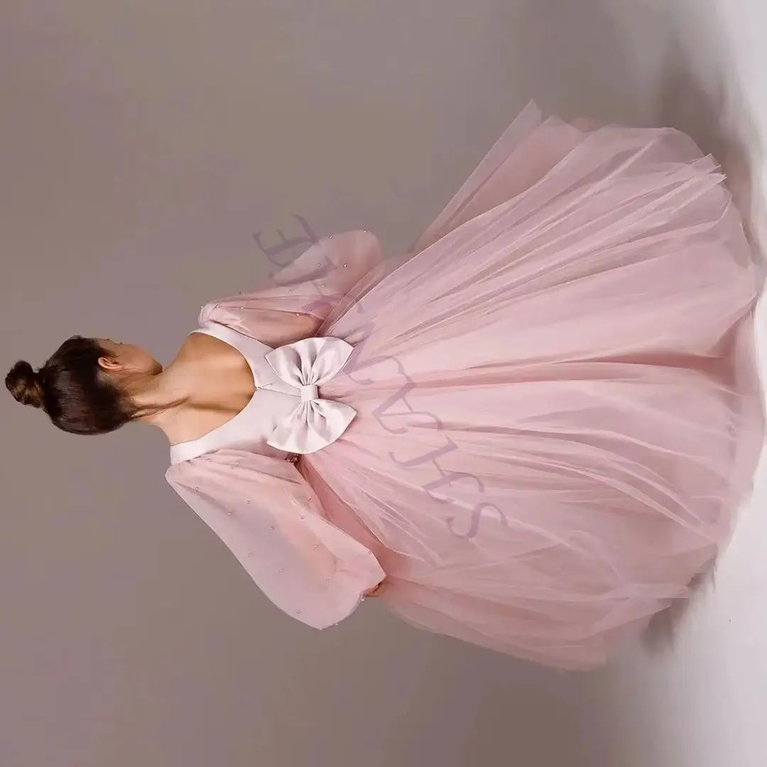 

Customized Dusty Pink Flower Girl Dress For Wedding Tulle Full Sleeves Simple With Bow Elegant Kids First Communion Ball Gown