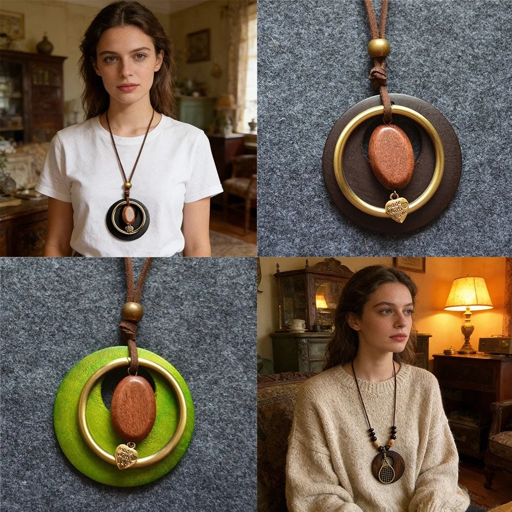 Vintage Boho Sweater Chain Long Handmade Clothing Pendant Leather Chain Wooden Pendant Necklace for Women Men