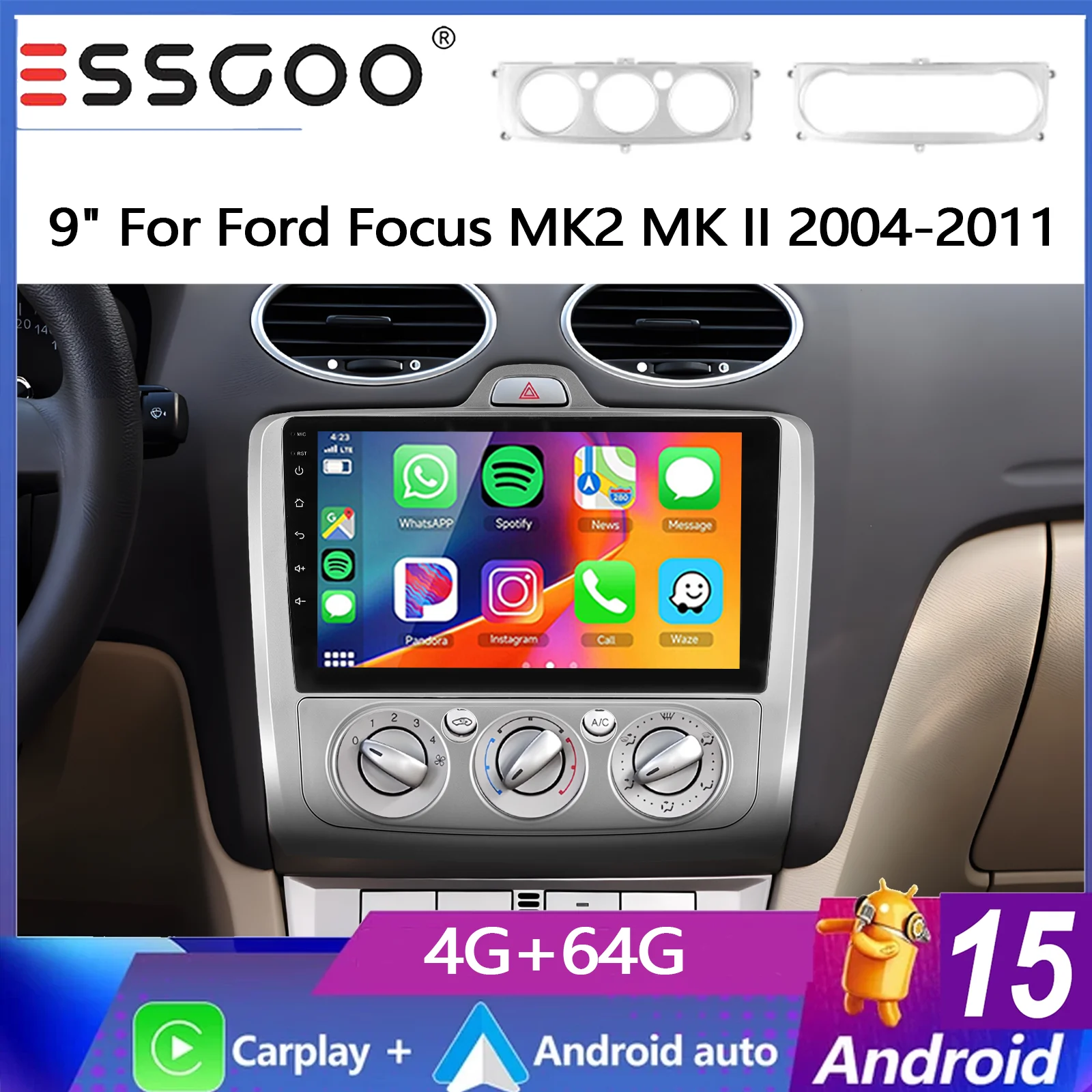 ESSGOO Android 15 9" 4+64G Autoradio für Ford Focus MK2 MK II 2004-2011 GPS Navigation Wireless Carplay Android Auto FM Bluetooth RDS Lenkradsteuerung Mirror Link IPS Touchscreen Multimedia