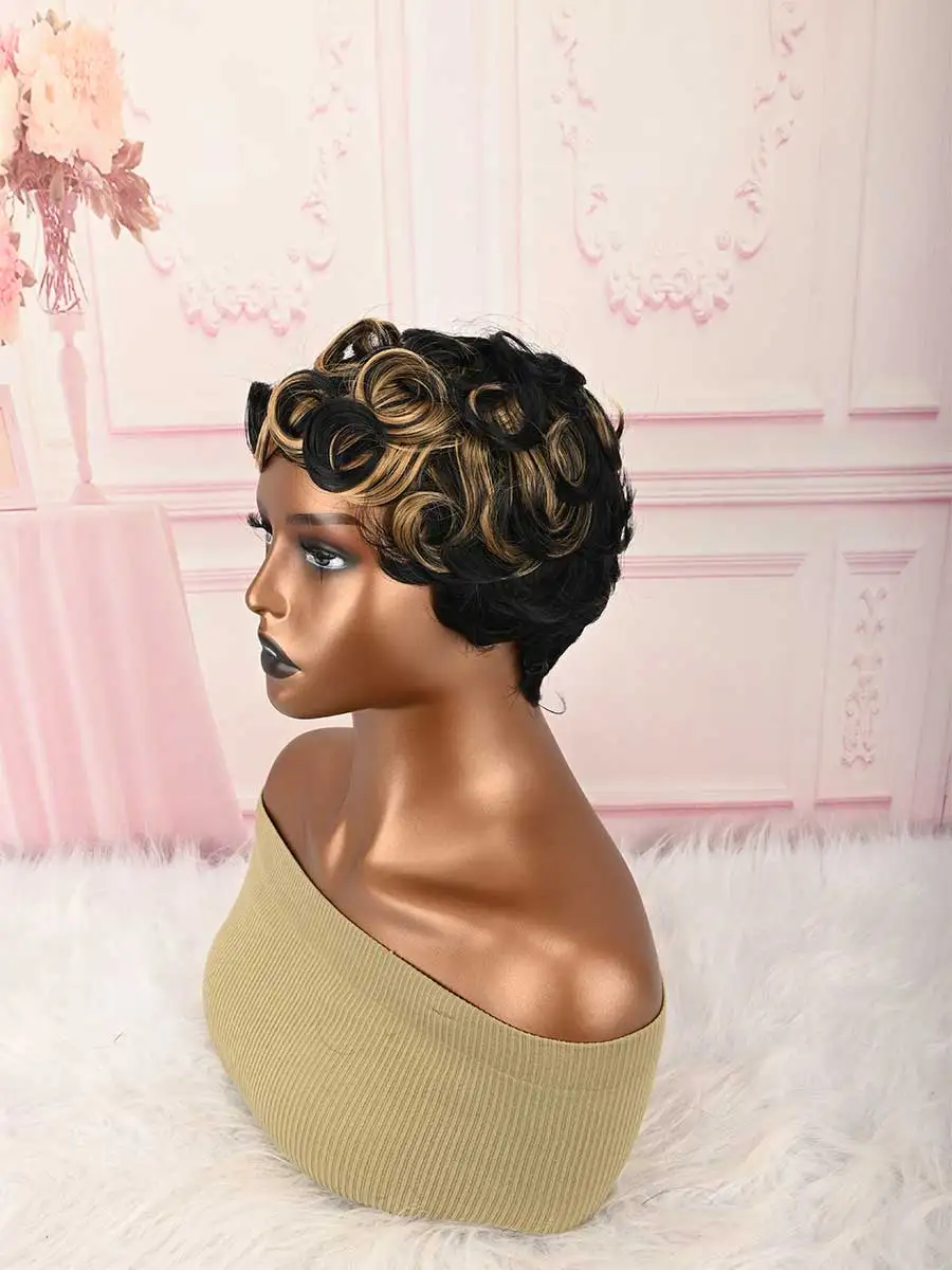 Short Pixie Black and Yellow Synthetic Wig for Women