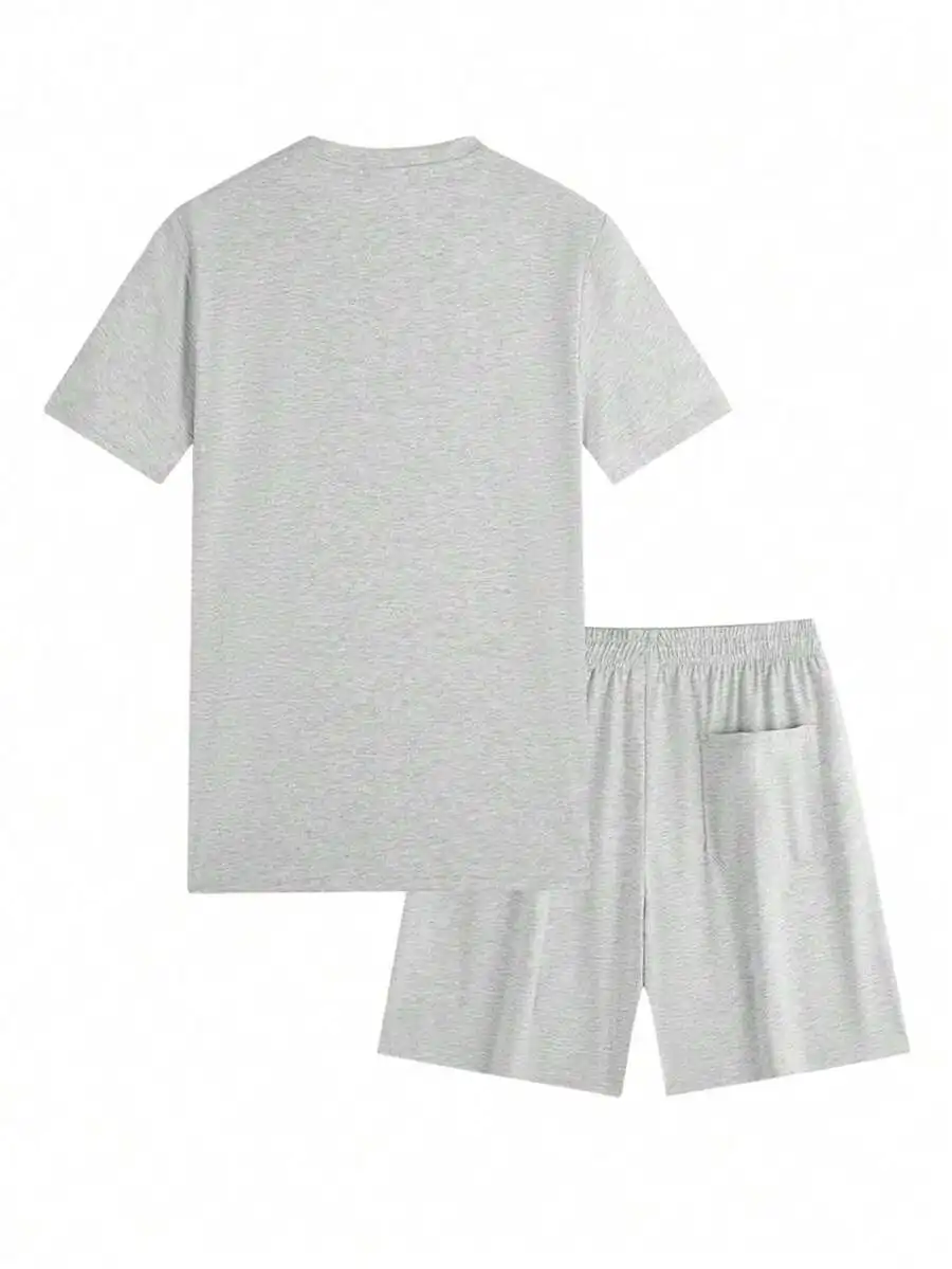 

2pcs Mens Striped Summer Co-Ord Set: Round Neck Short Sleeve T-Shirt And Drawstring Shorts With Pockets