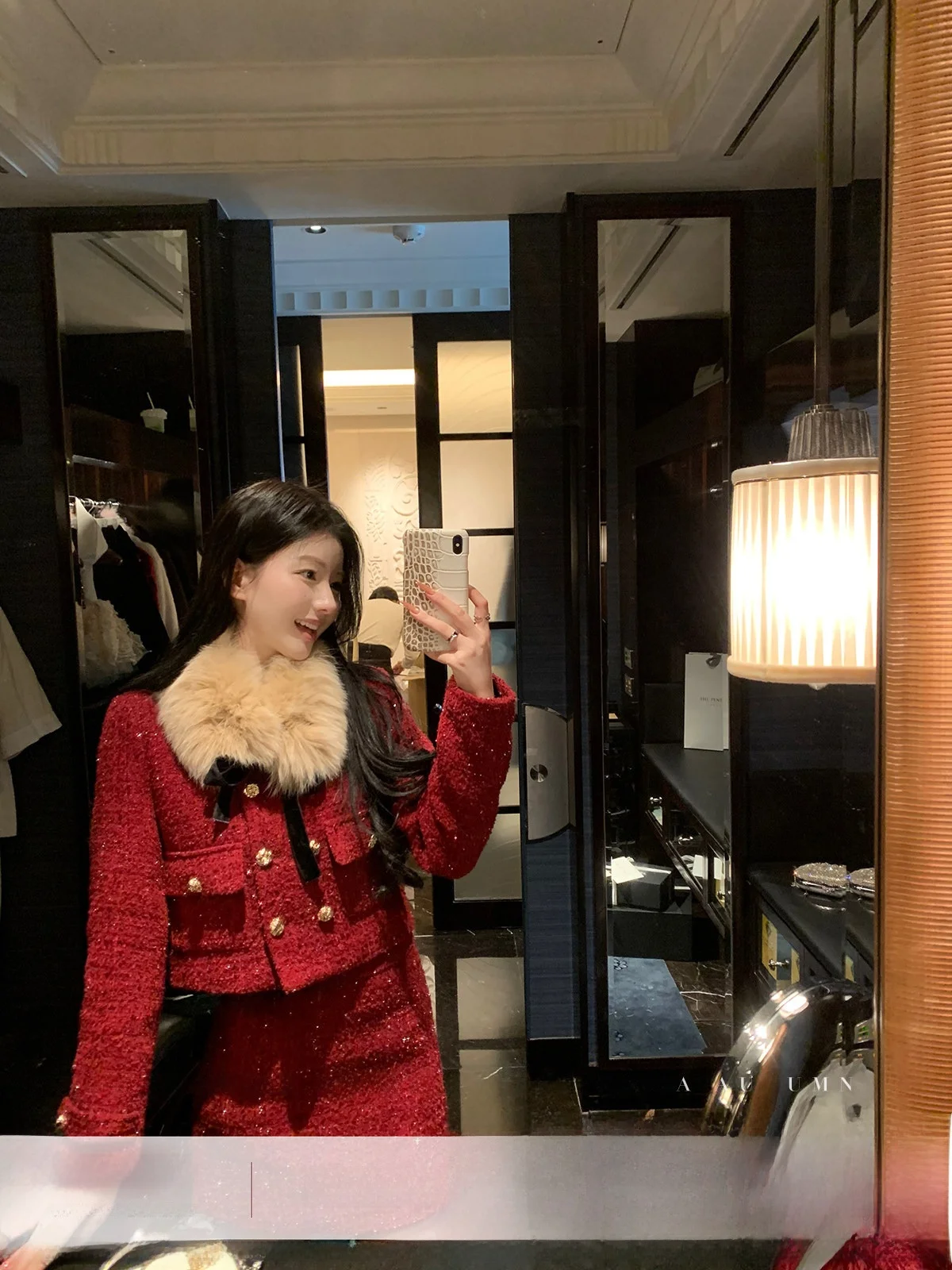 

Red Woolen Suit Set for Women by YOLI Ele ort Outerwear with Skirt Stand Fit Luxury Sle Long Sve Casual Wear