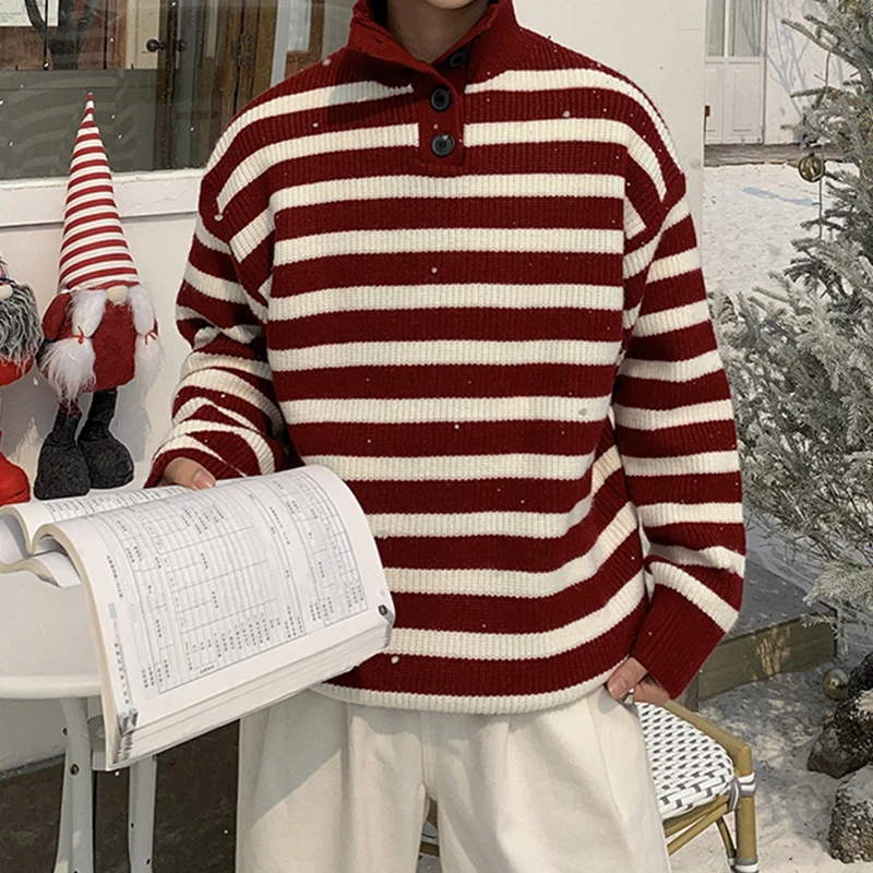 

Vintage Buttoned Turtleneck Knit Tops Mens Sweaters Fall Winter Casual Long Sleeve Knitted Jumpers Men Fashion Striped Sweater