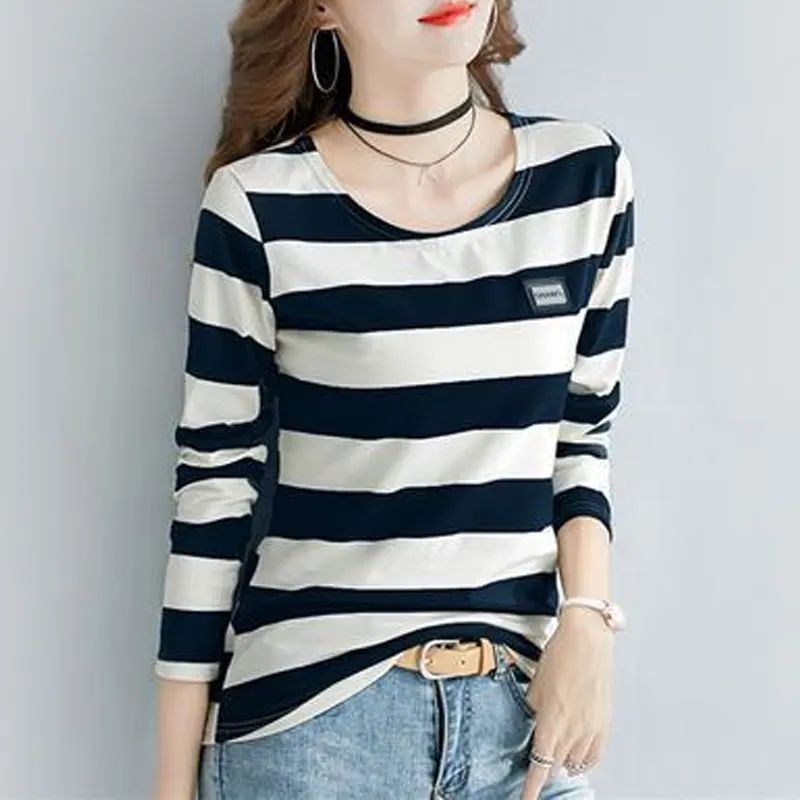 Spring Autumn O-Neck Patch Designs T-shirt Fashion Striped Korean Long Sleeve Women's Clothing All-match Casual Slim Pullovers