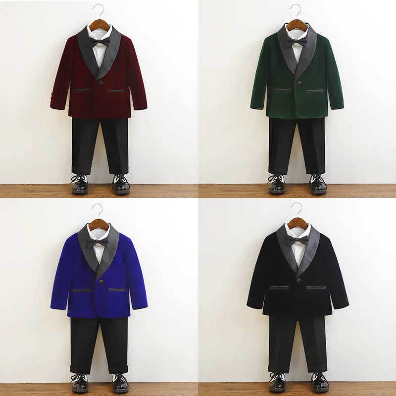 Boys Purple Velvet Blazer Jacket Pants Bowtie Photograph Suit Kids 1Year Birthday Dress Children Wedding Performance Evening Set