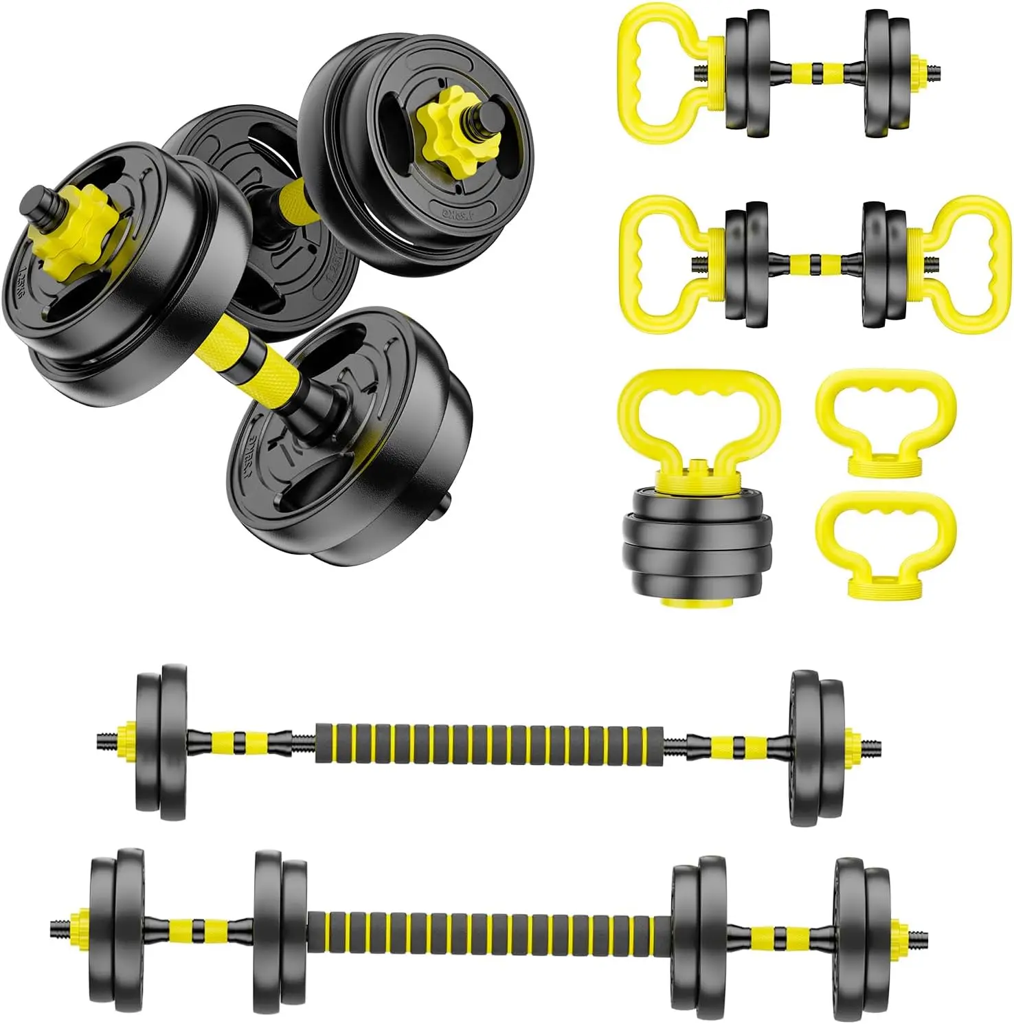 Home Gym Fitness - Adjustable Dumbbells, Steel, 4 in 1 as Dumbbell, Barbell, Kettlebell & Push Up Stand, 10 - 90lbs