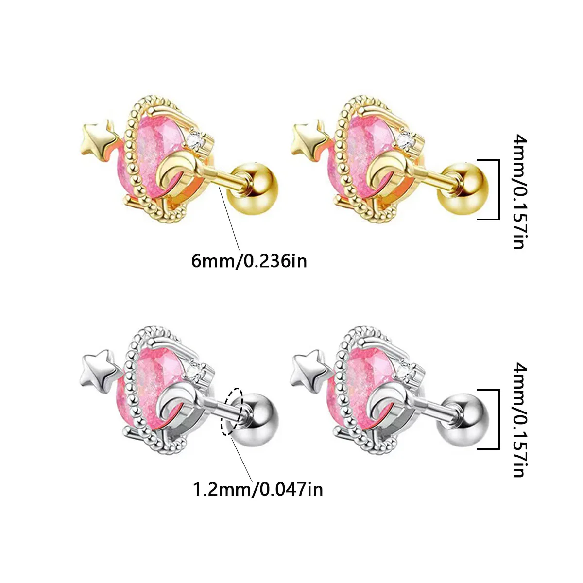 2 pairs of European and American fashion women's earrings, stainless steel starry moon and white stone pierced earrings.