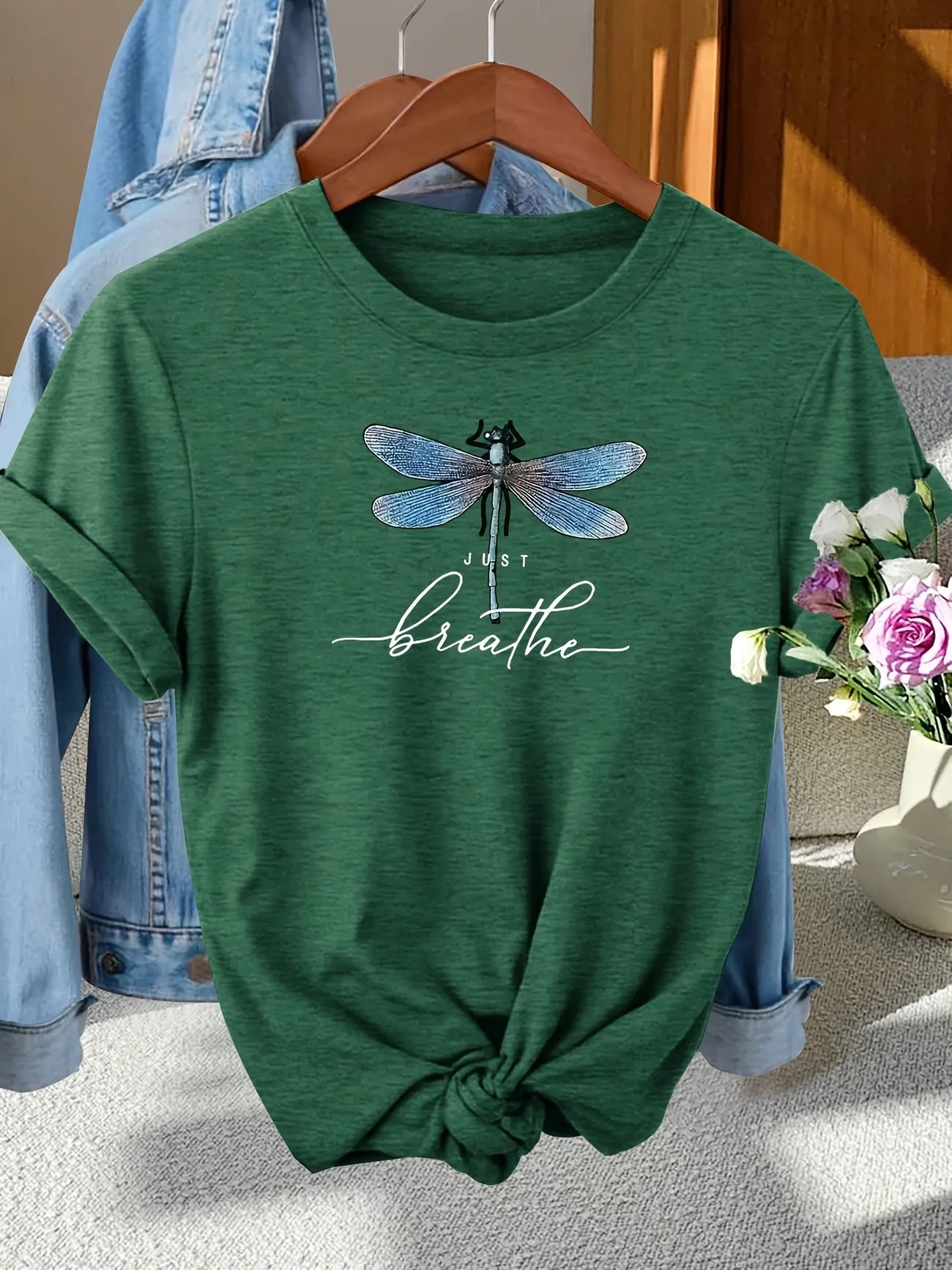 Vintage Just Breathe Butterfly Print T-shirt Women Short Sleeve Gothic Graphic T Shirt Y2k Women Crew Neck Aesthetic Tshirt