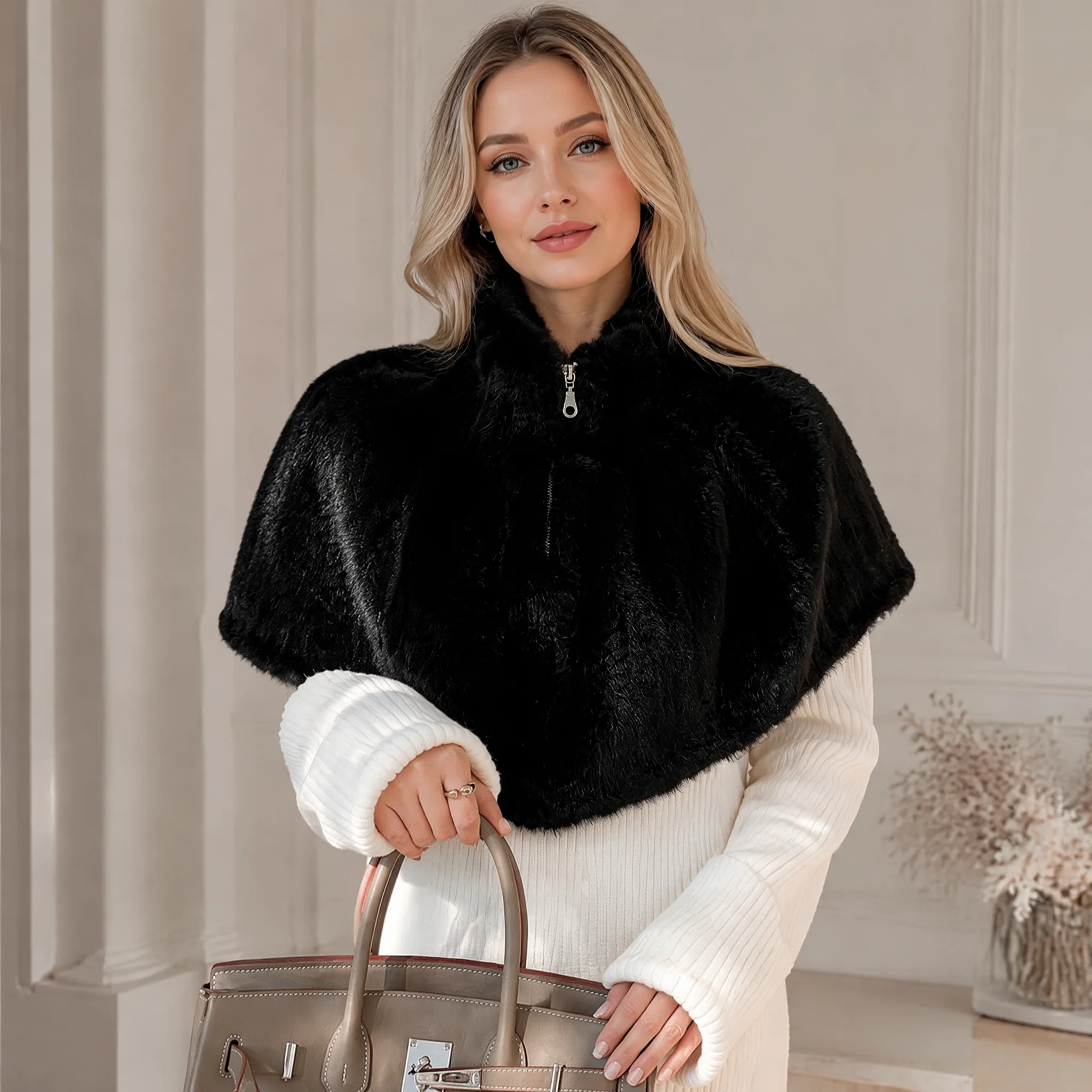 RU Women Stand Collar Faux Fur Shawl Zipper Front Fluffy Warm Shoulder Wrap Cape Chic Accessory For Street And Party Look