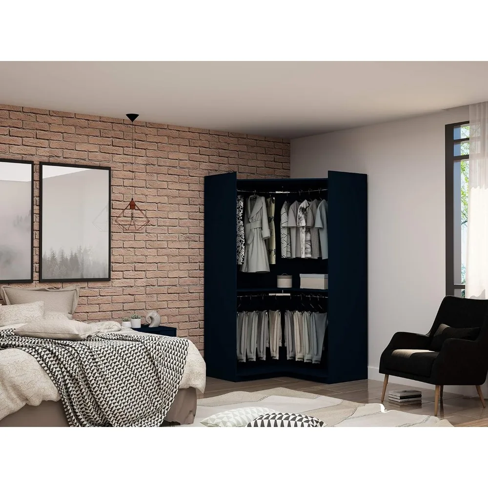 Mulberry Modern Free Standing Corner Wardrobe Closet with Rounded Hanging Rods, Open Shelving & Finished Back for Room Divider,