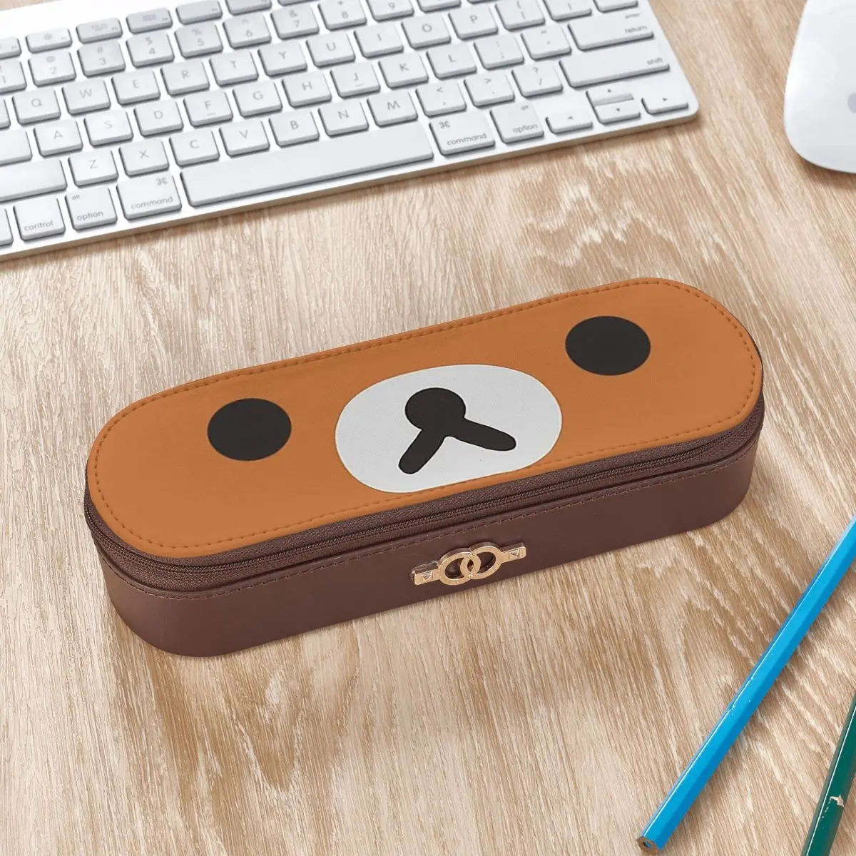 Rilakkuma Bear Face Leather Pencil Cases Pen Holder Storage Stationery Supplies Pen Box Pencil Bag for Boy Girl School