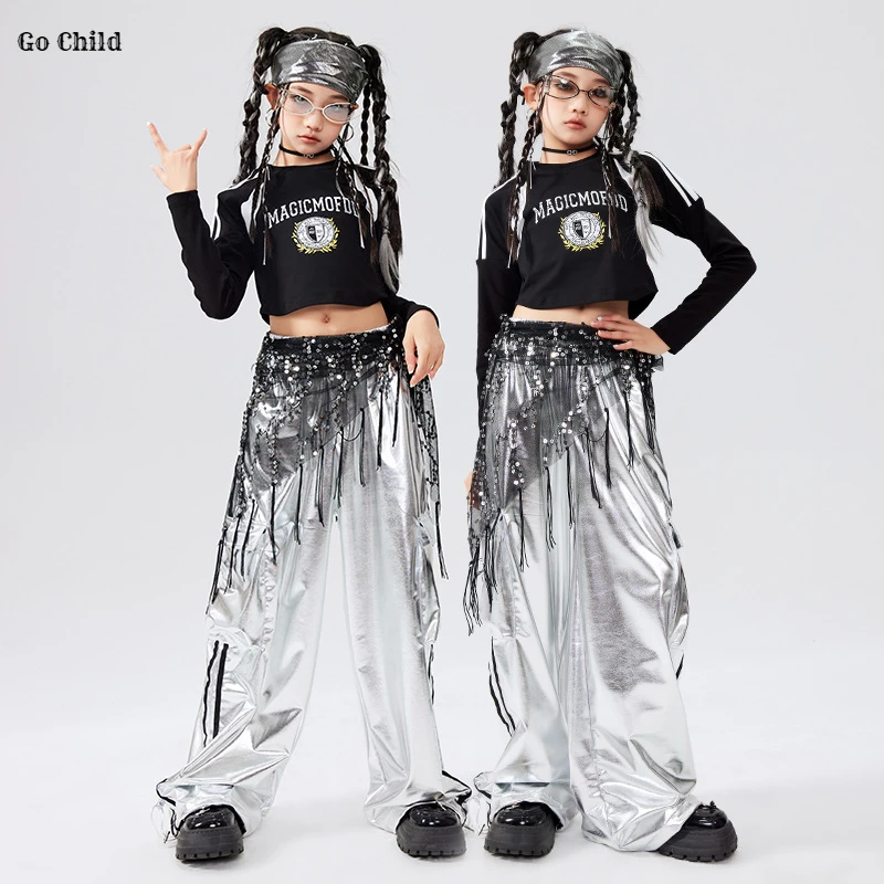 Girls K-pop Laser Crop Top Girdle Silver Cargo Pants Street Dance Kids Hip Hop Shiny Streetwear Child Jazz Costumes Clothes Sets