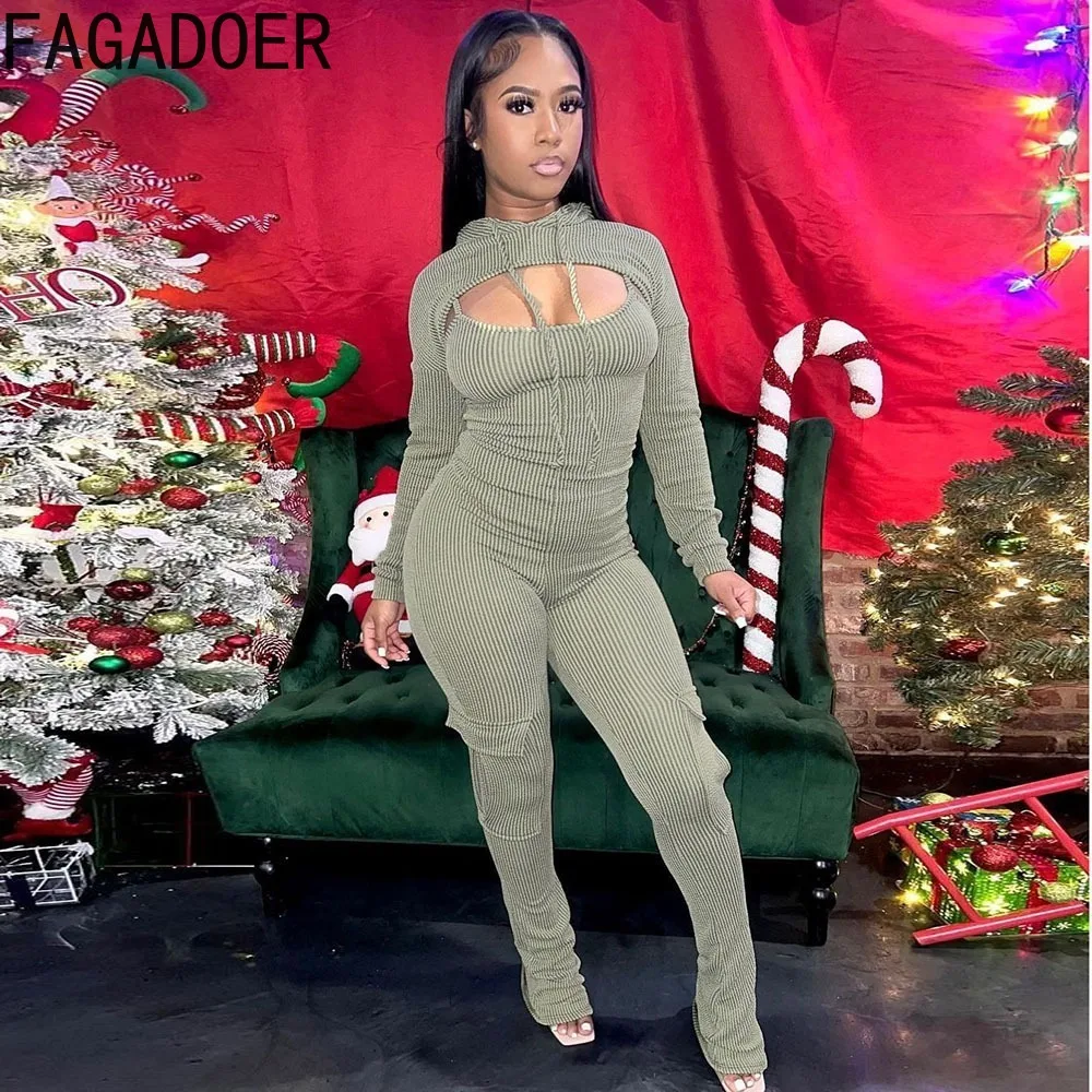 FAGADOER Casual Solid Ribber Cargo Pants Jumpsuits Two Piece Sets Women Hooded Long Sleeve Crop Top And Playsuits Sporty Outfits