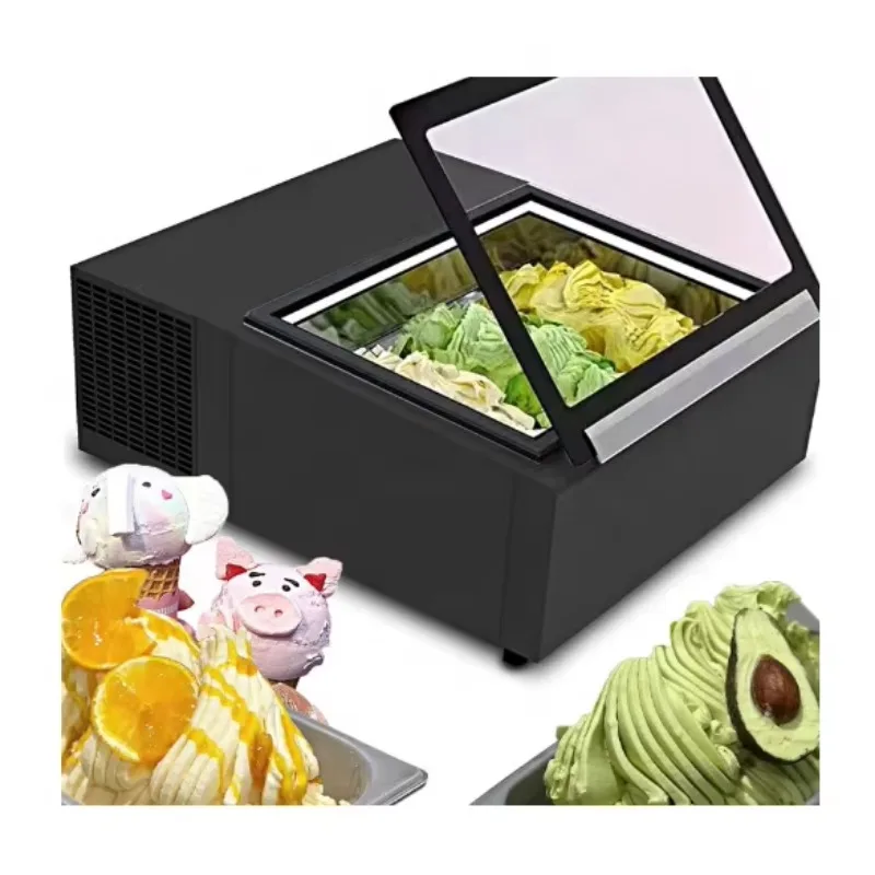 

Portable Commercial Desktop Ice Cream Display Refrigerator With Glass Door 3 Pans Upright Electric Source Dipping Cabinet