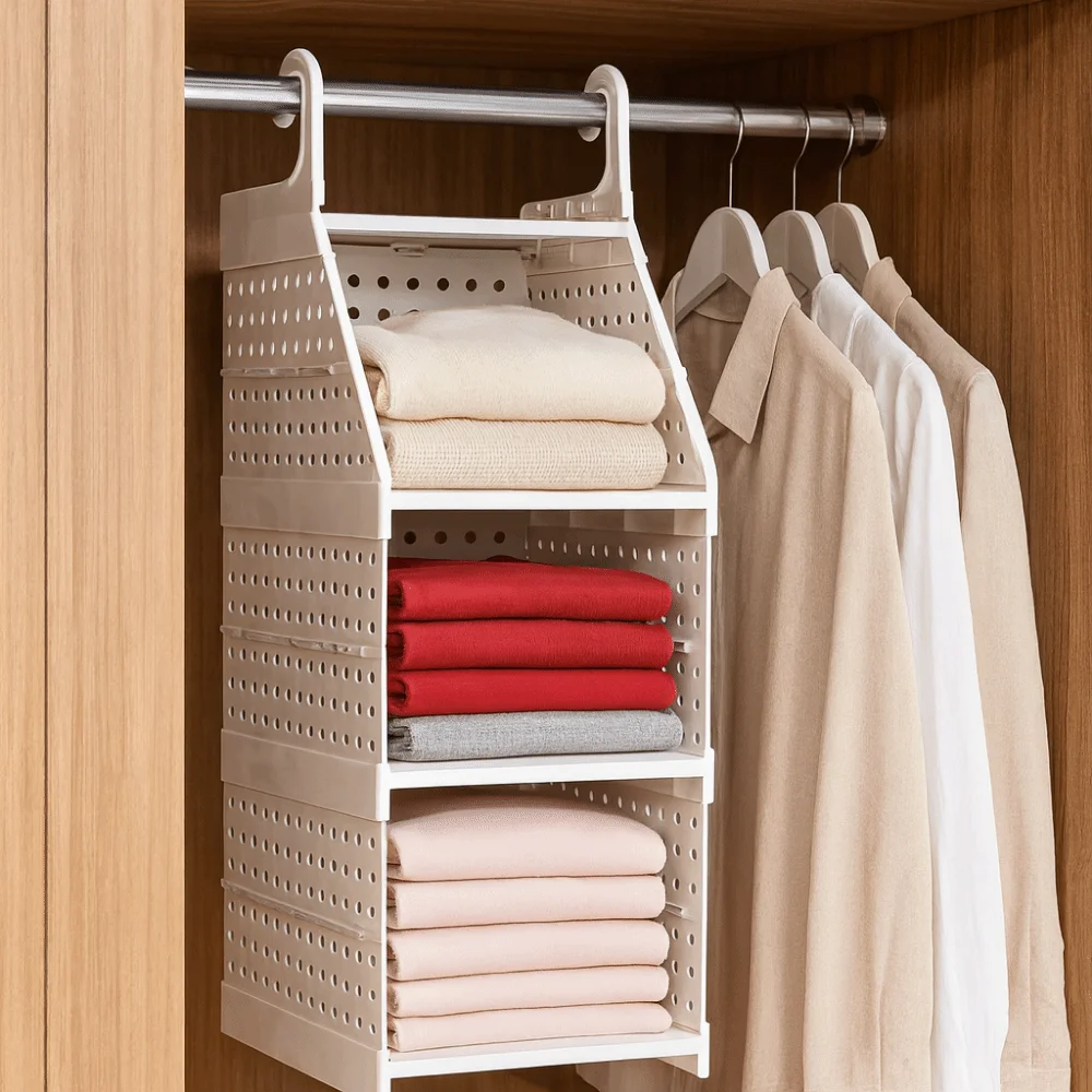 

Пластиковый многослойный органайзер для одежды, складная многослойная перегородка большой емкости, органайзер для гардероба с крючком, экономия места